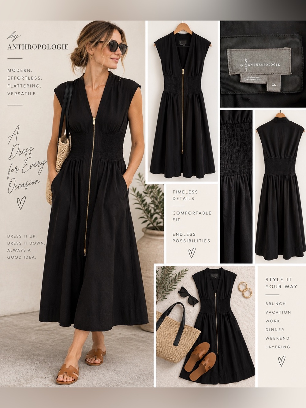 Anthropologie Black Zip-Front Smocked-Waist Midi Dress